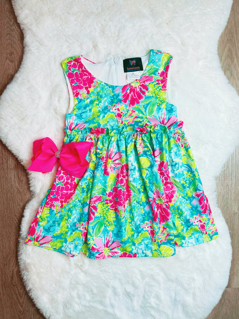 Bowtism Girls Tropical Floral Dress with Matching Bow - Bowtism